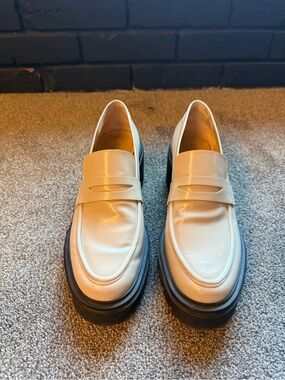 Stuart Weitzman Cream Leather Penny Loafers with Black Platform